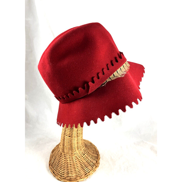 Frank's Girl by Frank Olive Red Wool Hat Feather Accent Fawn Finish Vintage - Picture 3 of 10